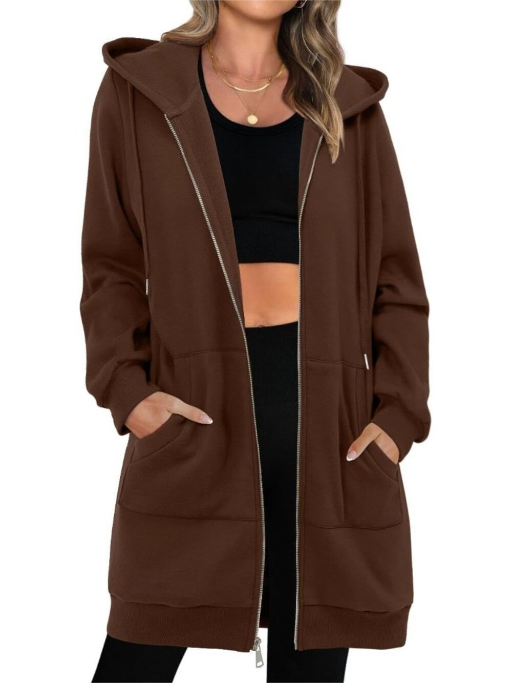 Women Light Coffee Oversized Shirts Casual Hooded Neck Long Sleeve Fall Jacket